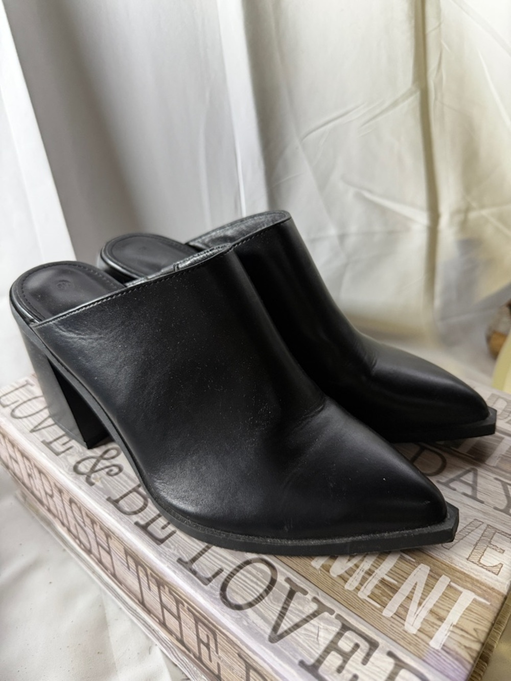 Classic Black Leather look  Pointed Mule Heels
